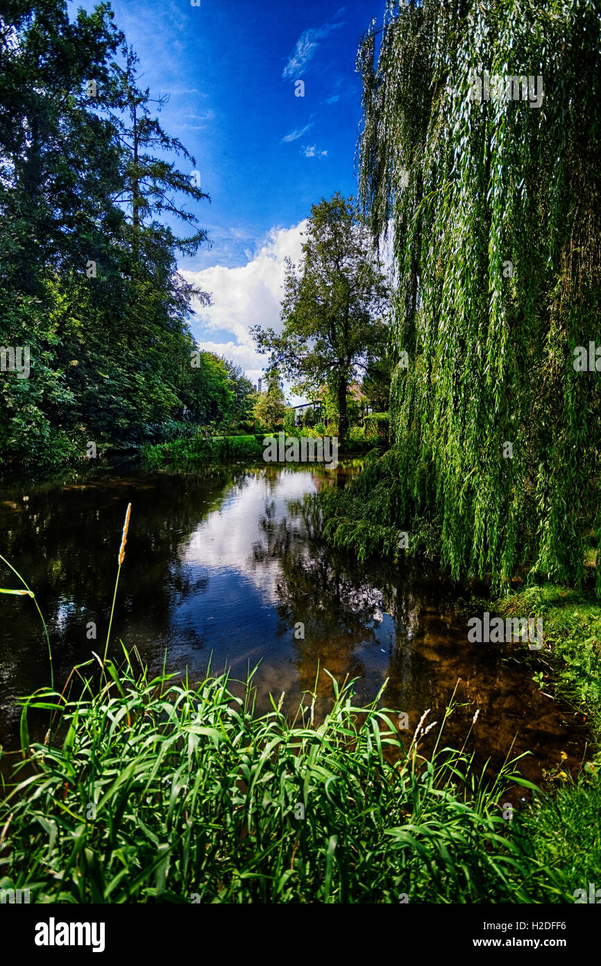 Une flèche de la rivière eddy à Eardisland Herefordshire sous un ciel d'un bleu profond Banque D'Images