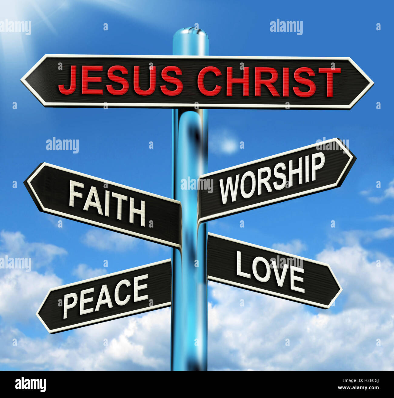 Jésus Christ Signpost signifie foi culte de la paix et de l'amour Banque D'Images