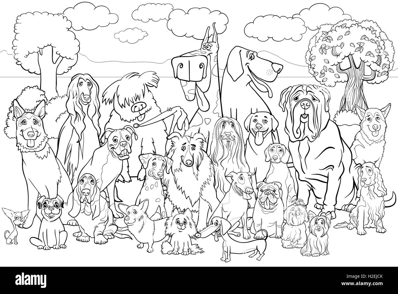 Cartoon noir et blanc Illustration de chiens de race grand groupe contre scène Parc Coloring Book Illustration de Vecteur