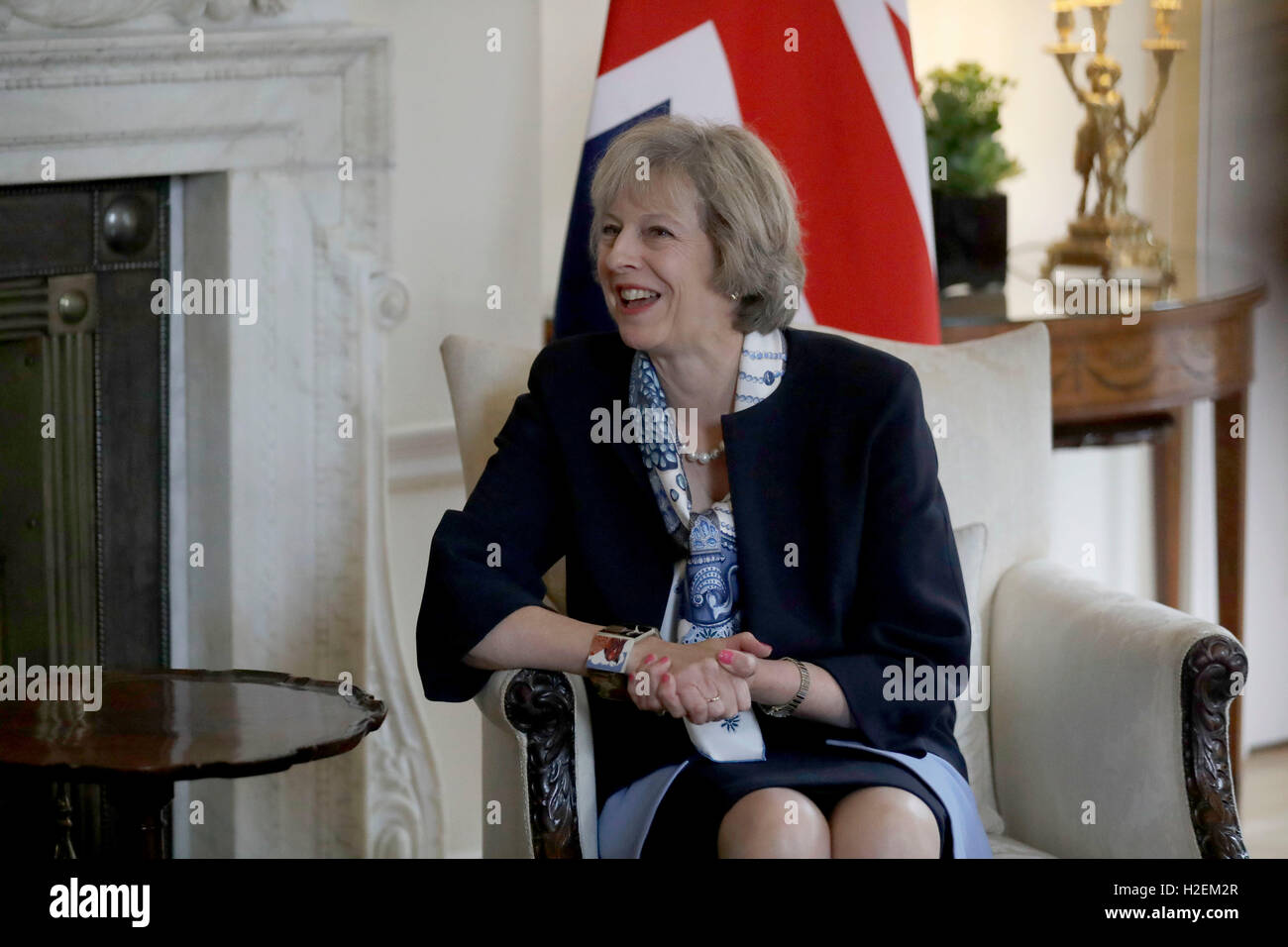 Premier ministre Theresa peut accueille le président chypriote Nicos Anastasiades pour des entretiens au 10 Downing Street, Londres. Banque D'Images