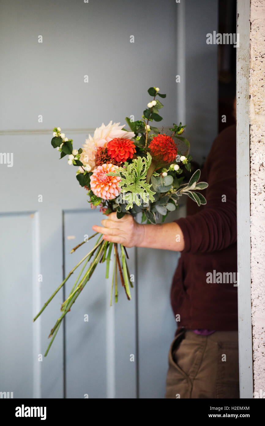 Des arrangements de fleurs biologiques. Une femme de la création d'un bouquet attachés à la main. Banque D'Images