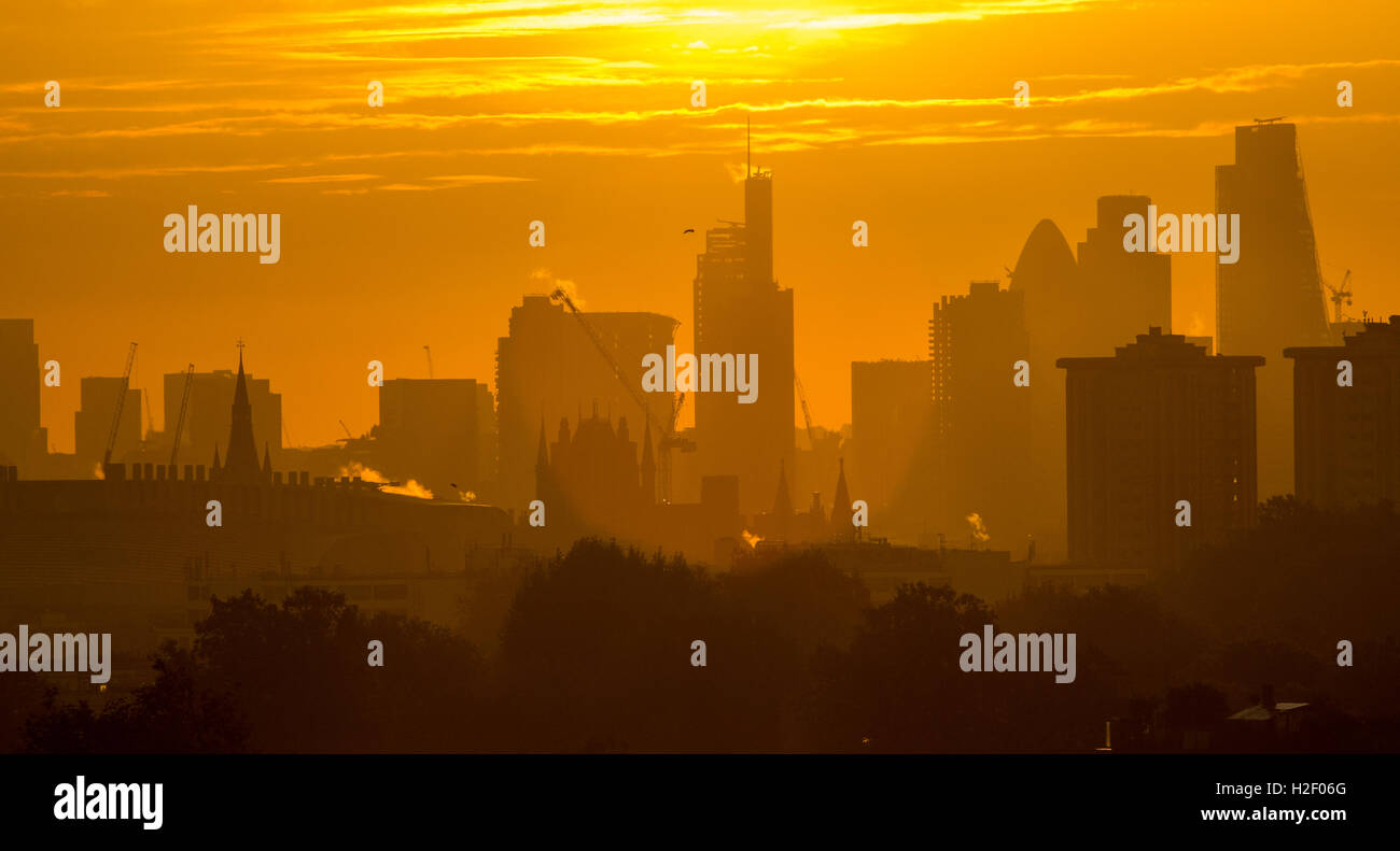 Primrose Hill, Londres, le 28 octobre 2016. Météo Londres Royaume-Uni : les gratte-ciel en silhouette contre le lever du soleil comme l'aube sur la ville. Crédit : Paul Davey/Alamy Live News Banque D'Images