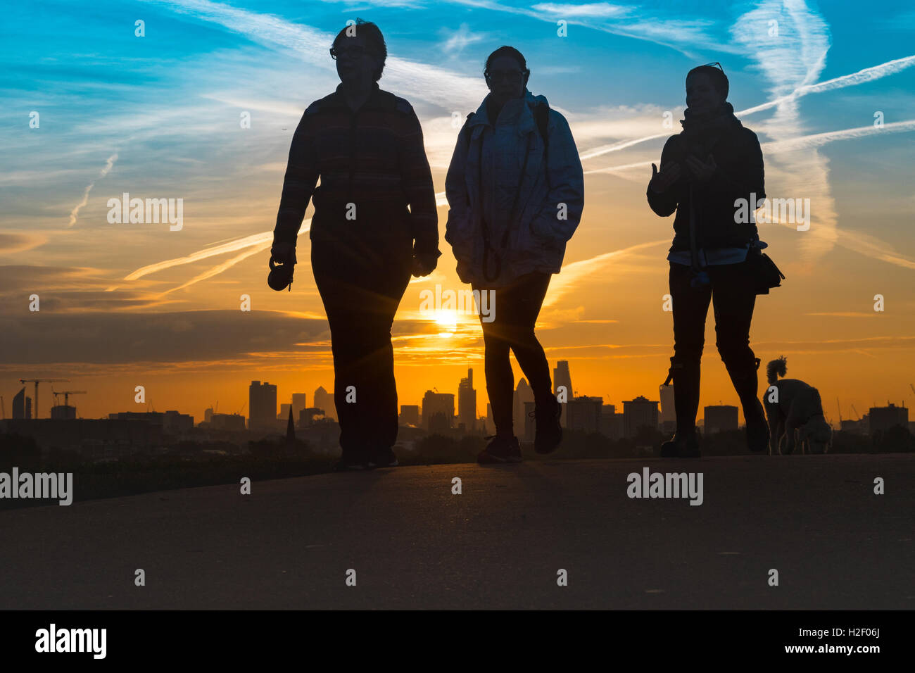 Primrose Hill, Londres, le 28 octobre 2016. Météo France : trois amis à pied leurs chiens sur Primrose Hill comme le soleil se lève sur l'horizon de Londres. Crédit : Paul Davey/Alamy Live News Banque D'Images
