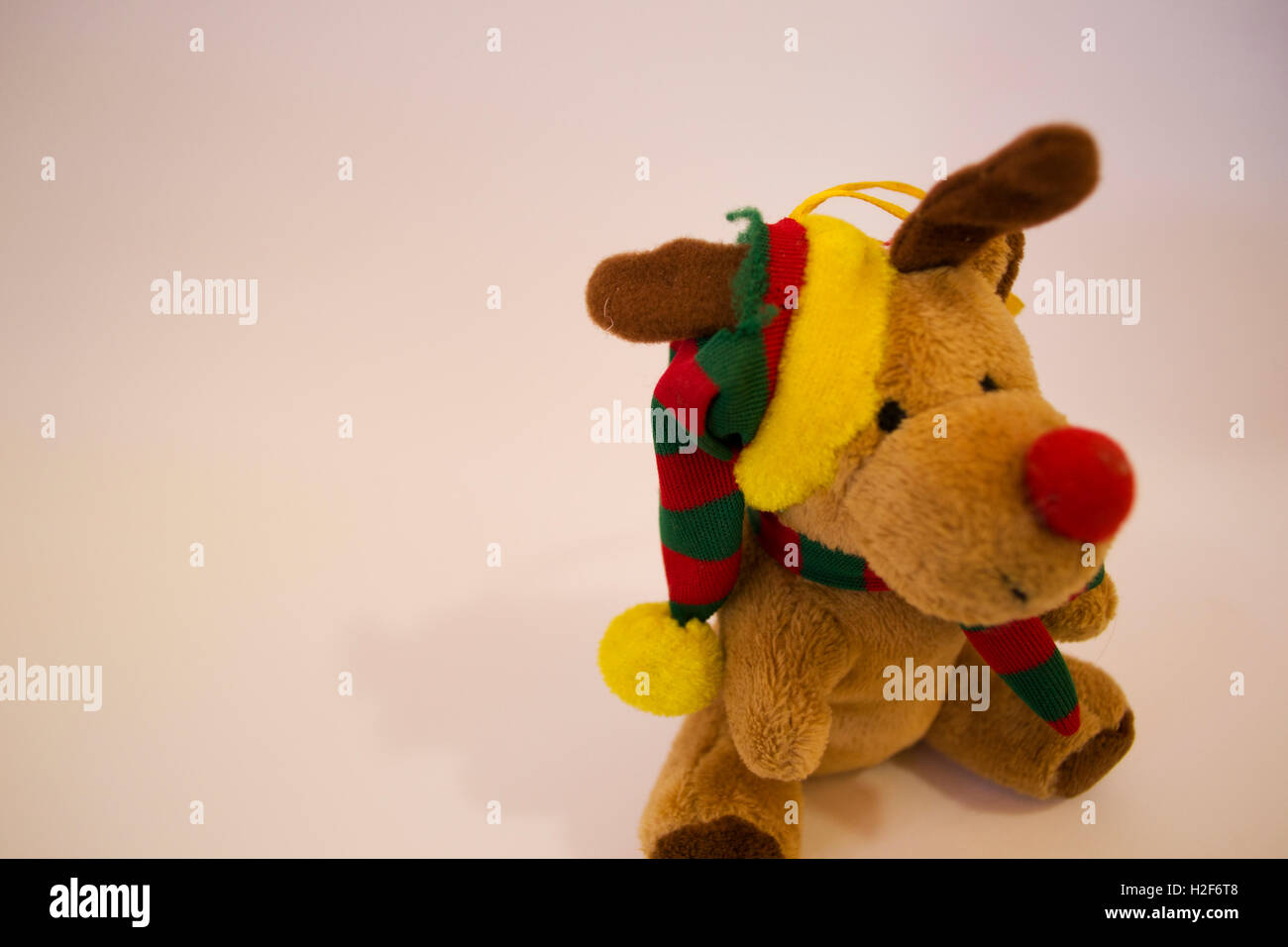 Image de chien jouet poupée avec capuchon coloré et un foulard de couleur brune à fond blanc Banque D'Images