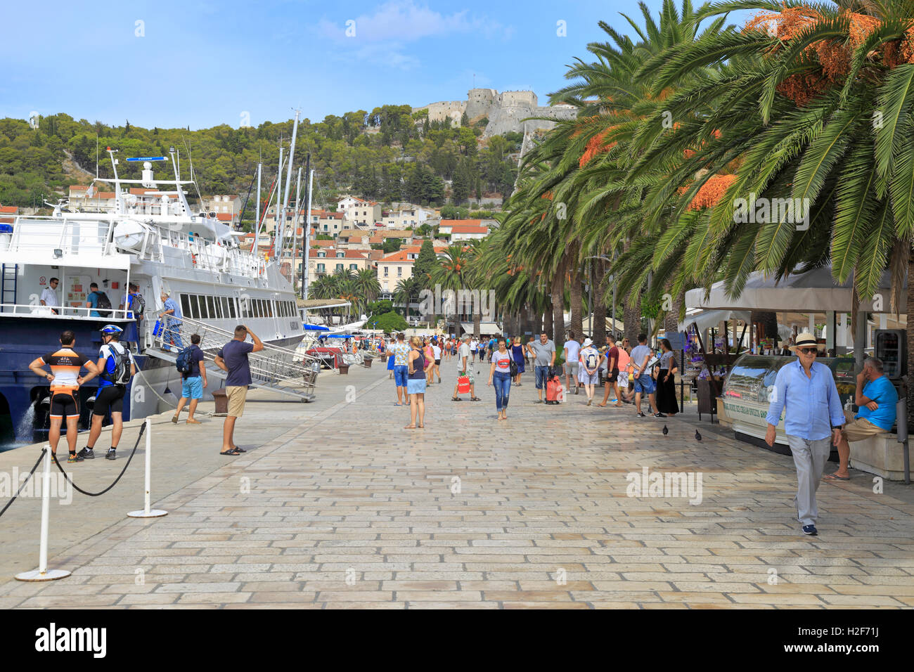 Ferry catamaran à côté d'un port très animé, au bord de la ville de Hvar, Croatie, Dalmatie, côte dalmate, l'Europe. Banque D'Images