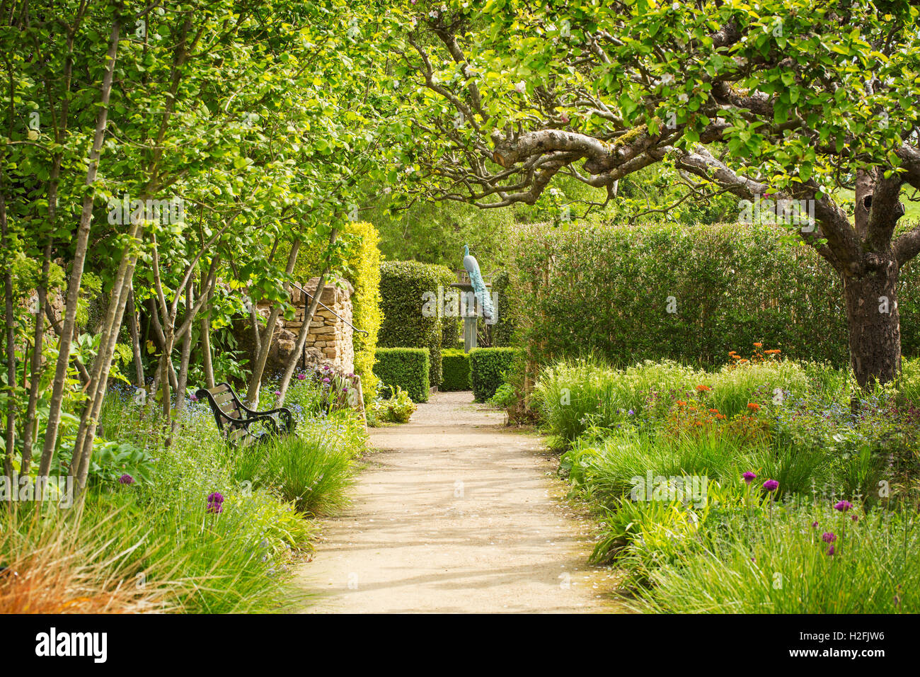 Un chemin entre les parterres de fleurs dans un jardin, avec des arbres en fleurs, et les couvertures d'un abri. Un paon perché sur un cadran solaire. Banque D'Images