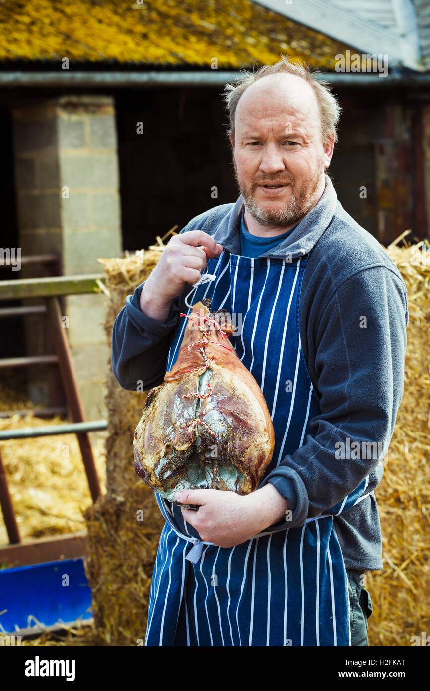 Boucher le port d'un tablier bleu à rayures , debout à l'extérieur, tenant un grand jambon séché. Banque D'Images