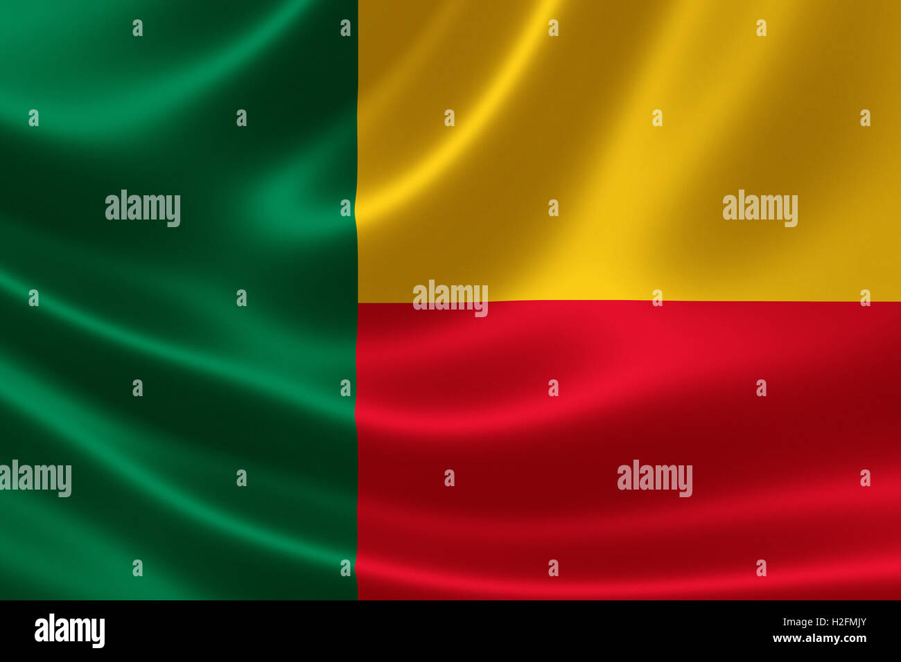 Le rendu 3D du drapeau du Bénin à finition satinée. Le Bénin est un pays en Afrique de l'Ouest. Banque D'Images