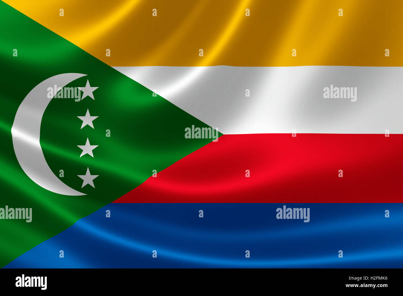 Le rendu 3D du drapeau des Comores sur finition satinée. Banque D'Images