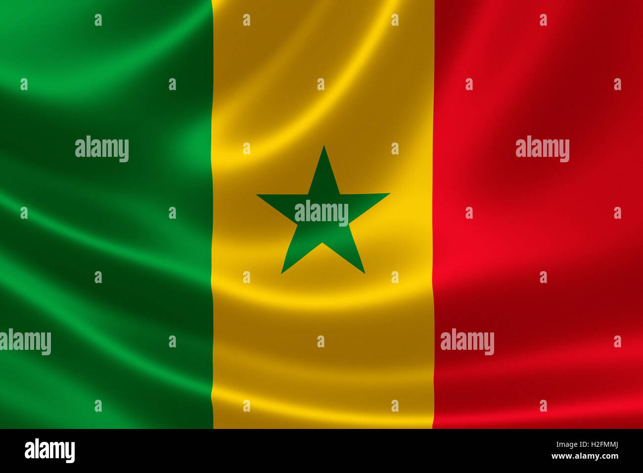 Close-up du drapeau du Sénégal à finition satinée. Banque D'Images