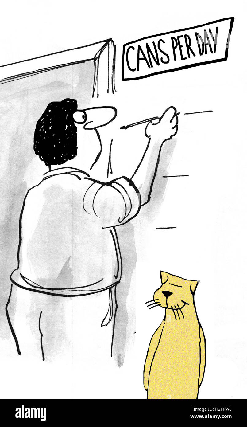 Illustration de la mesure de l'homme combien de boîtes de nourriture pour chat Le chat mange par jour. Banque D'Images
