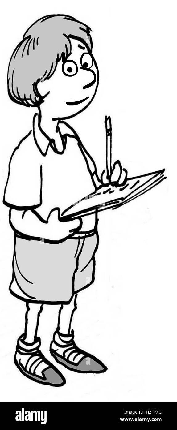 B&W illustration l'éducation d'un jeune garçon en prenant des notes sur un bloc de papier. Banque D'Images