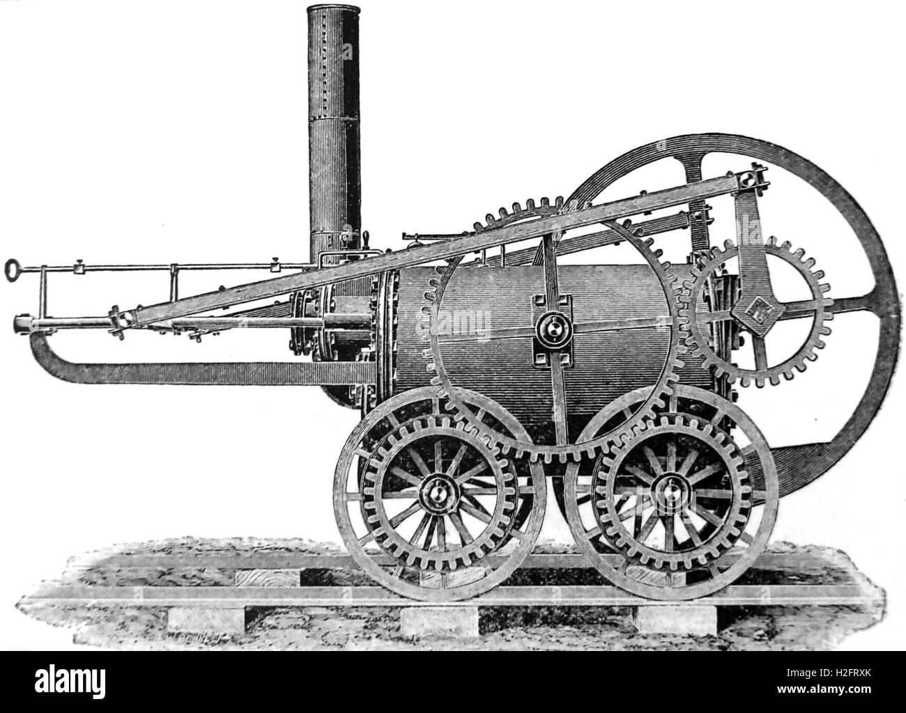 RICHARD TREVITHICK (1771-1833) inventeur anglais et ingénieur des mines. Gravure contemporaine de sa locomotive utilisée à Coalbrookdale sur 1803 Banque D'Images