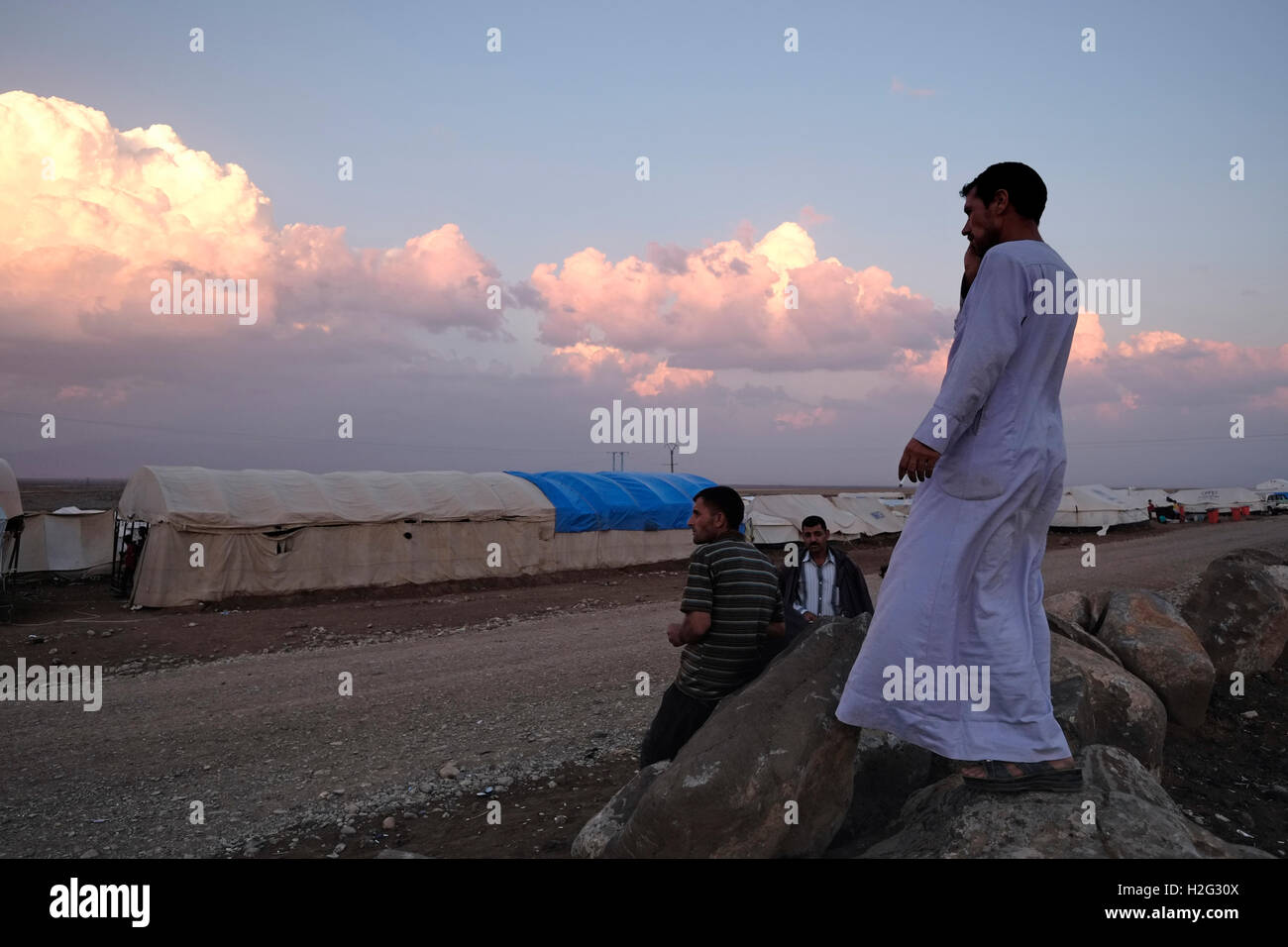 Les hommes de Nawroz Yazidis, camp de réfugiés qui a été créé pour mettre à l'abri des Syriens déplacés de la guerre civile en Syrie puis occupées par des personnes déplacées de la minorité secte Yazidis, fuyant les violences dans la ville irakienne de Sinjar situé à côté de la ville d'al-Malikyah Rojava dans la région kurde autonome, au Nord Est de la Syrie. Banque D'Images