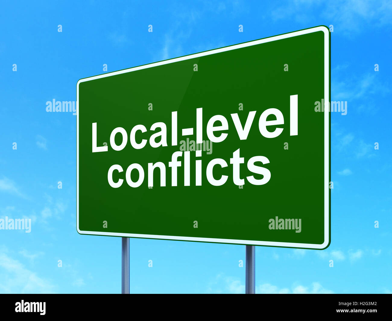 Concept : la politique des conflits au niveau local sur l'arrière-plan des panneaux routiers Banque D'Images