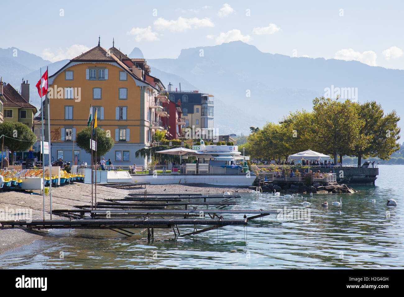 Vevey, Suisse - 25 septembre 2016 : le lac de la ville de Vevey, une petite ville au bord du lac Léman. Banque D'Images