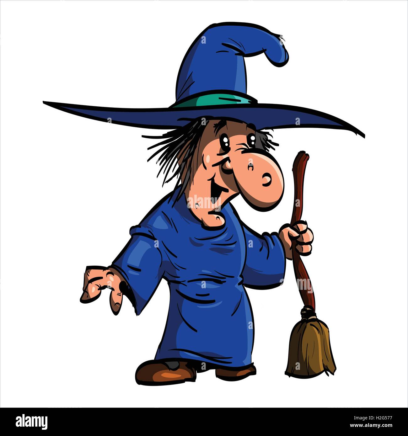 Cartoon illustration de Befana ou une wtich avec vêtements bleu et un balai. Illustration de Vecteur