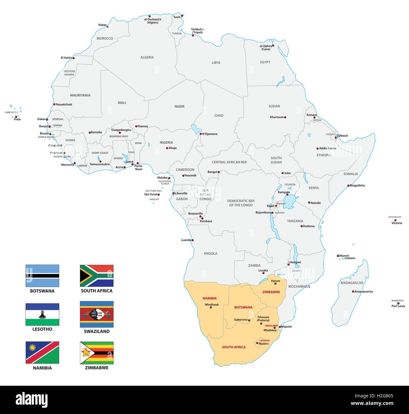 L'Afrique du Sud la carte avec les drapeaux Illustration de Vecteur