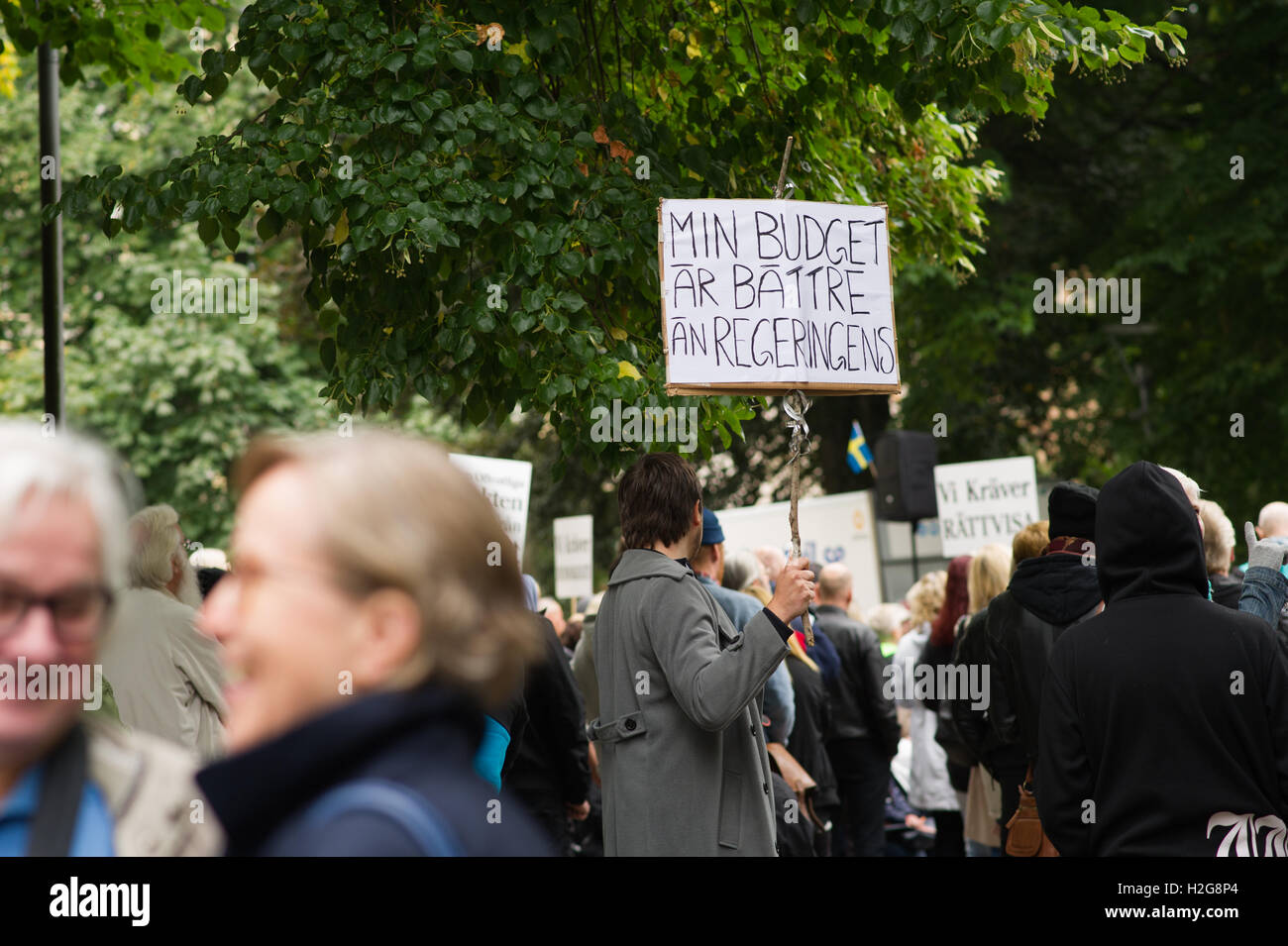 Stockholm, Suède, le 24 septembre 2016. "Démonstration Folkets'. ('La démonstration des Peuples"). "Mon budget est meilleur que le gouv Banque D'Images