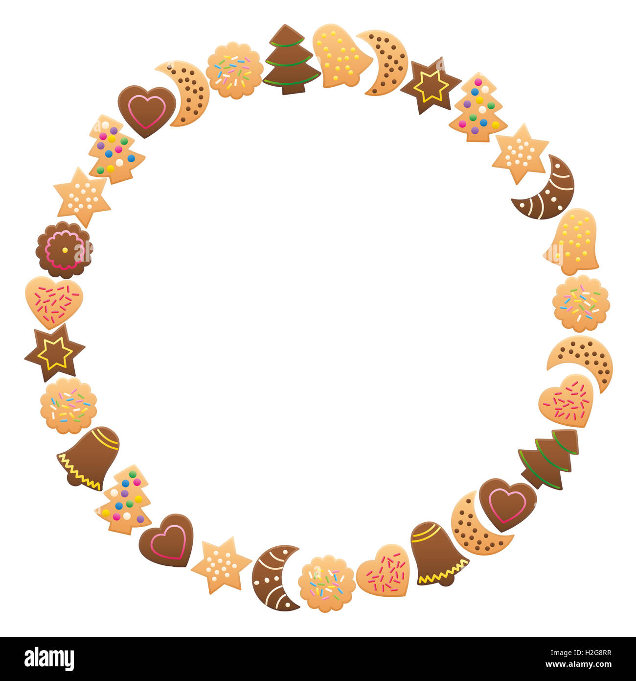 Les biscuits de Noël et châssis d'épice cercle. Illustration sur fond blanc. Banque D'Images