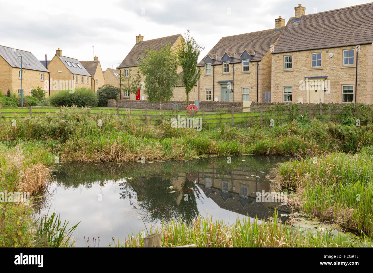 Une nature étang construit sur un nouvel ensemble résidentiel en bordure d'un village, England, UK Banque D'Images