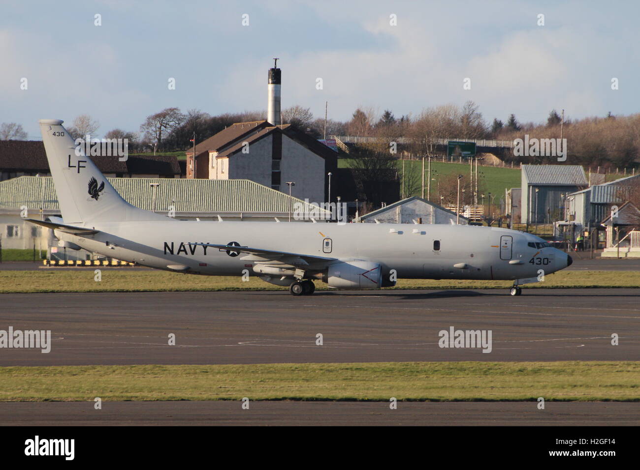 168430, un Boeing P-8A Poseidon de l'United States Navy, arrive à l'aéroport de Prestwick au cours de l'exercice Joint Warrior 15-1. Banque D'Images