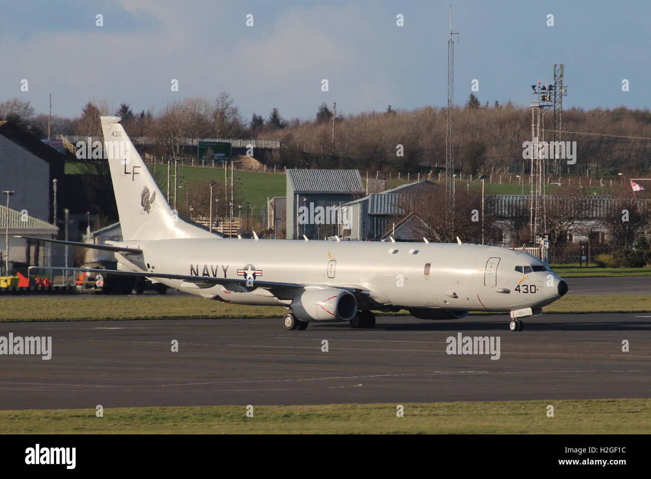 168430, un Boeing P-8A Poseidon de l'United States Navy, arrive à l'aéroport de Prestwick au cours de l'exercice Joint Warrior 15-1. Banque D'Images