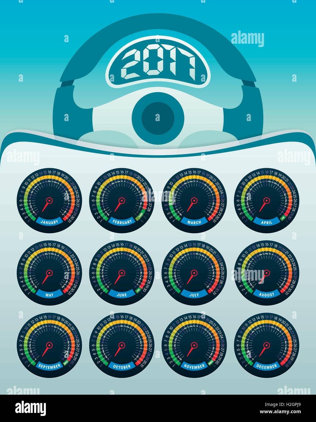Calendrier 2017 Modèle avec compteur et tableau de bord coloré thème directeur. Éléments de design pour votre calendrier fonctionne. Illustration de Vecteur