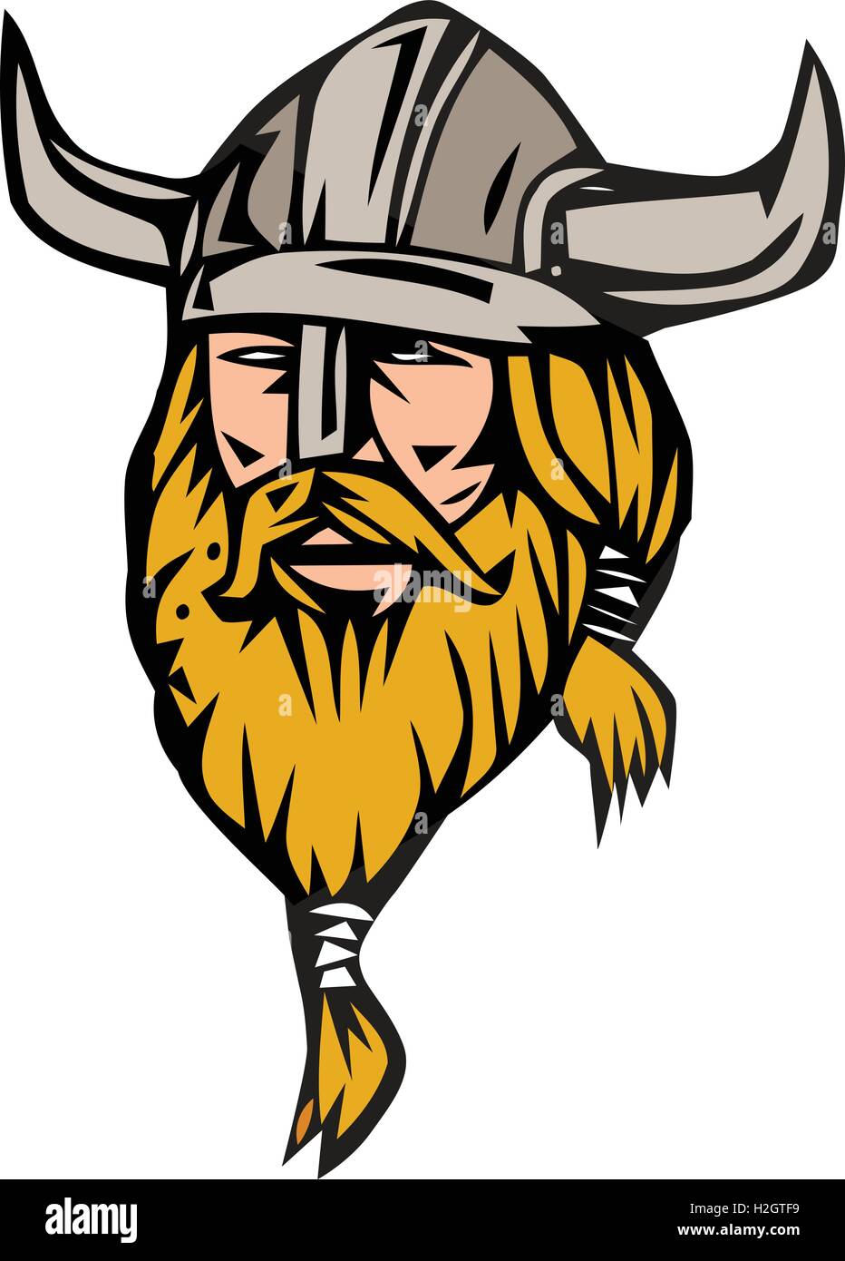 Illustration d'un norseman guerrier viking raider chef barbare avec barbe portant un casque à cornes, vu de l'avant ensemble isolées sur fond blanc fait en style rétro. Illustration de Vecteur