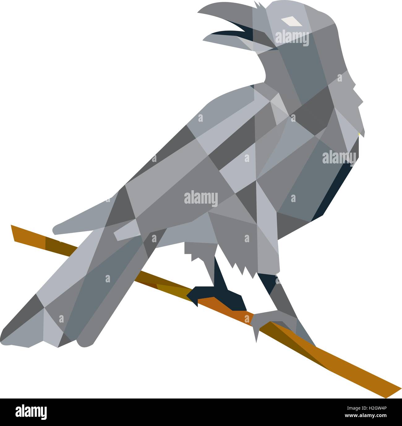 Style polygone faible illustration d'un oiseau-de-Corbeau perché sur un morceau de bois à l'arrière isolé sur fond blanc. Illustration de Vecteur