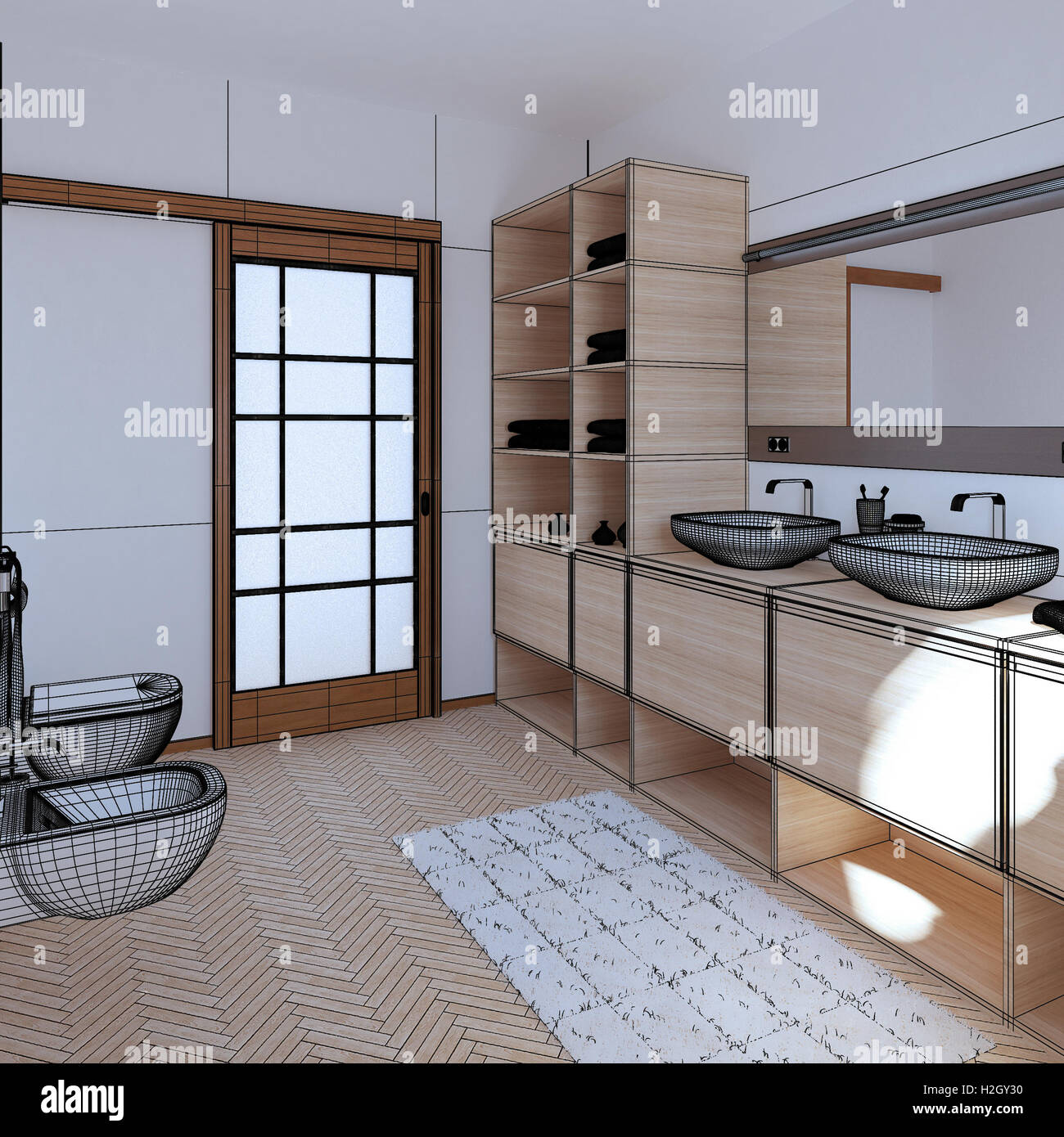 Le rendu 3D Intérieur d''une salle de bains moderne Banque D'Images