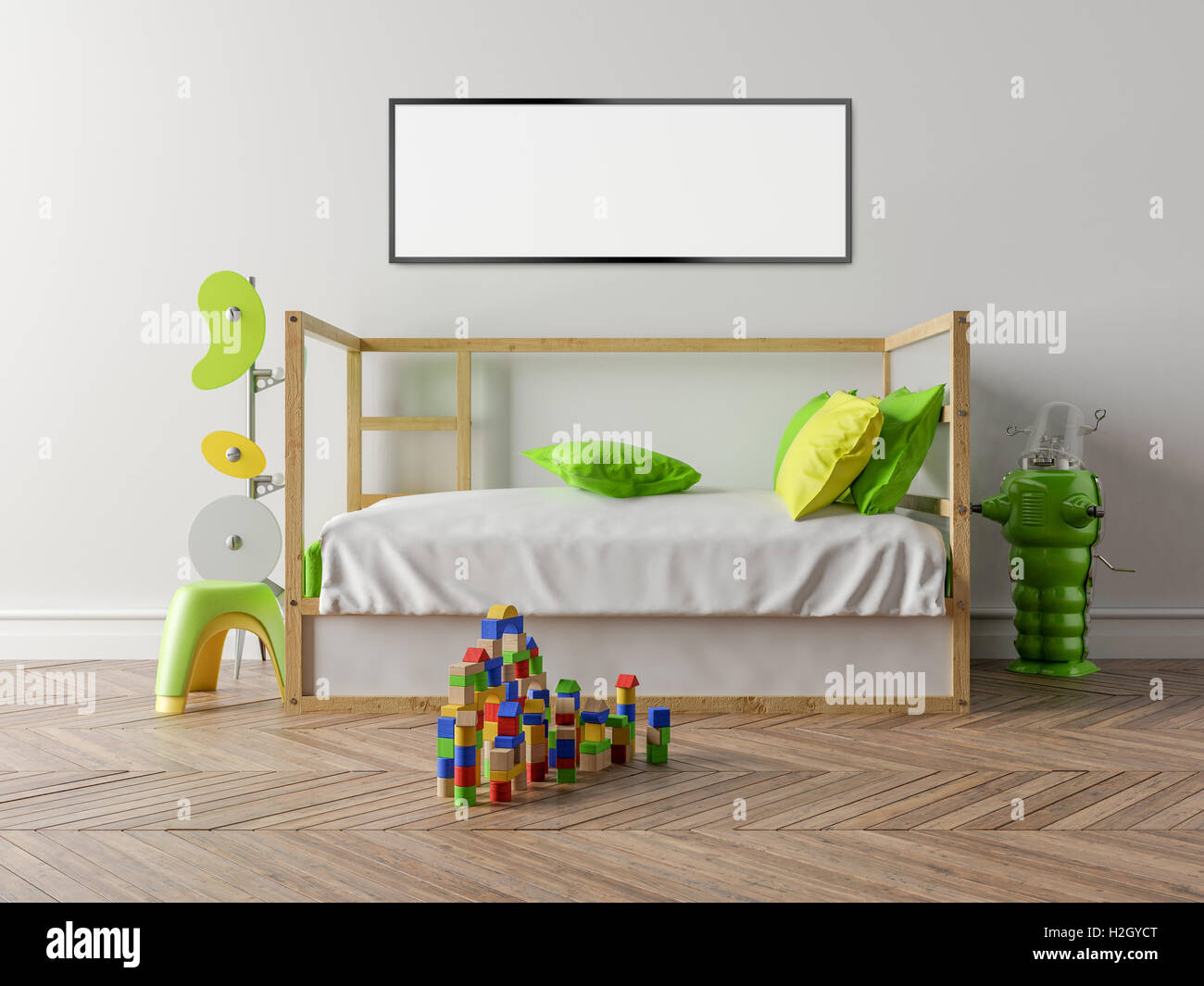 Vide Chambre D Enfants Avec Un Lit Bebe En Bois Et Un Mur Blanc En Arriere Plan Sur Le Sol Des Jouets Stylise Et Un Petit Jouet Photo Stock Alamy