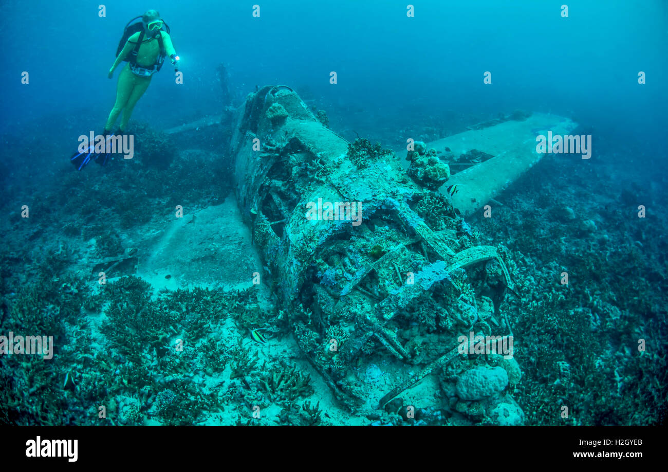 Scuba Diver explore un Grumman F6F Hellcat abattu des avions pendant la Seconde Guerre mondiale dans le pacifique des conflits. Banque D'Images