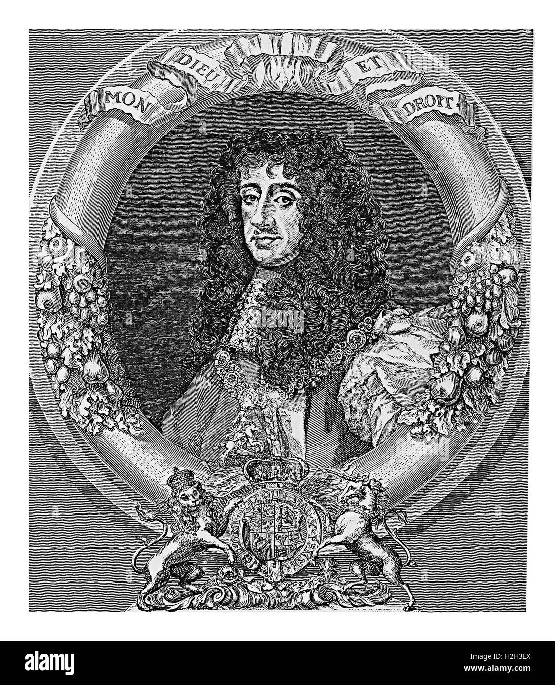 Gravure portrait de Charles II, roi d'Angleterre, d'Écosse et d'Irlande, la restauration de la monarchie après l'interrègne de Cromwell en 1660 Banque D'Images