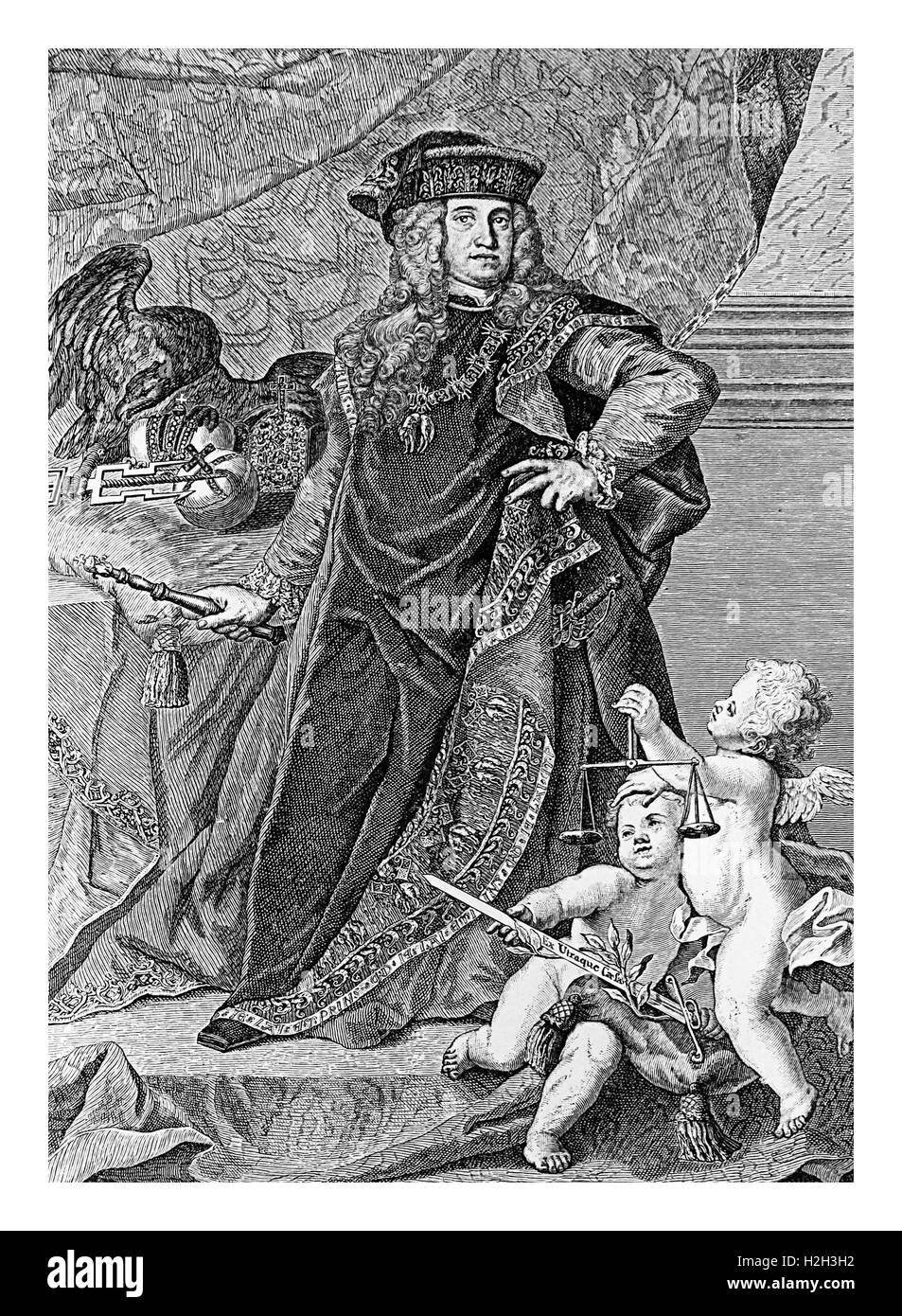 Gravure portrait de Charles VI, Empereur romain germanique, roi de Bohême, Hongrie, Croatie, Serbie et Archiduc d'Autriche, le père de Marie-thérèse Impératrice du Saint Empire Romain Banque D'Images