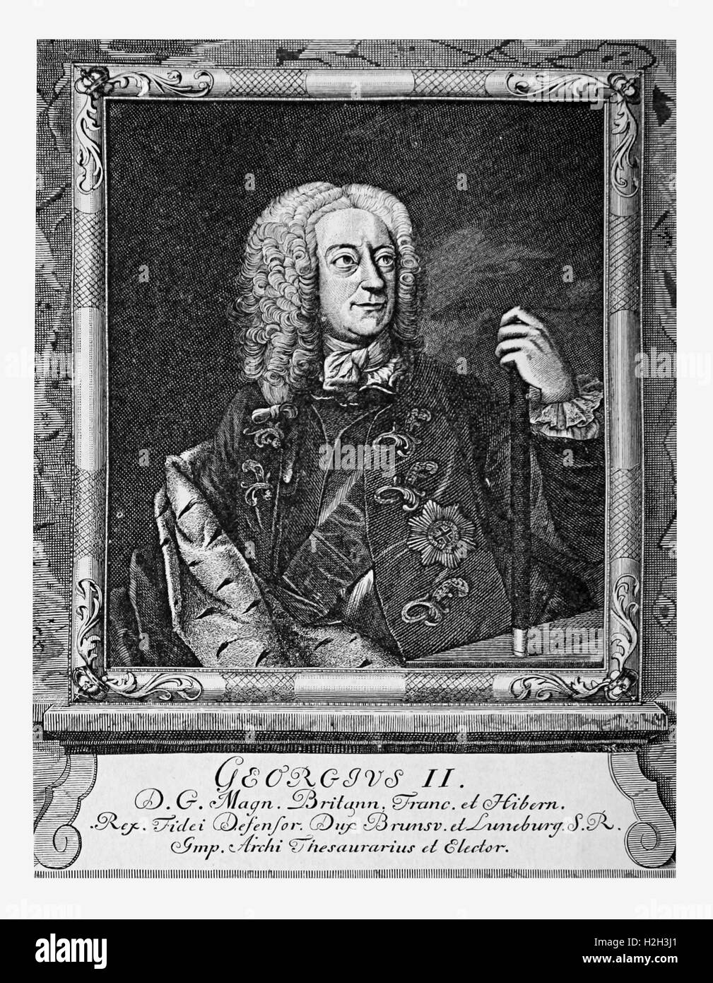 Gravure portrait de George II de Grande-Bretagne, roi d'Angleterre et d'Irlande et Prince-électeur du Saint Empire Romain, XVIIIE siècle Banque D'Images