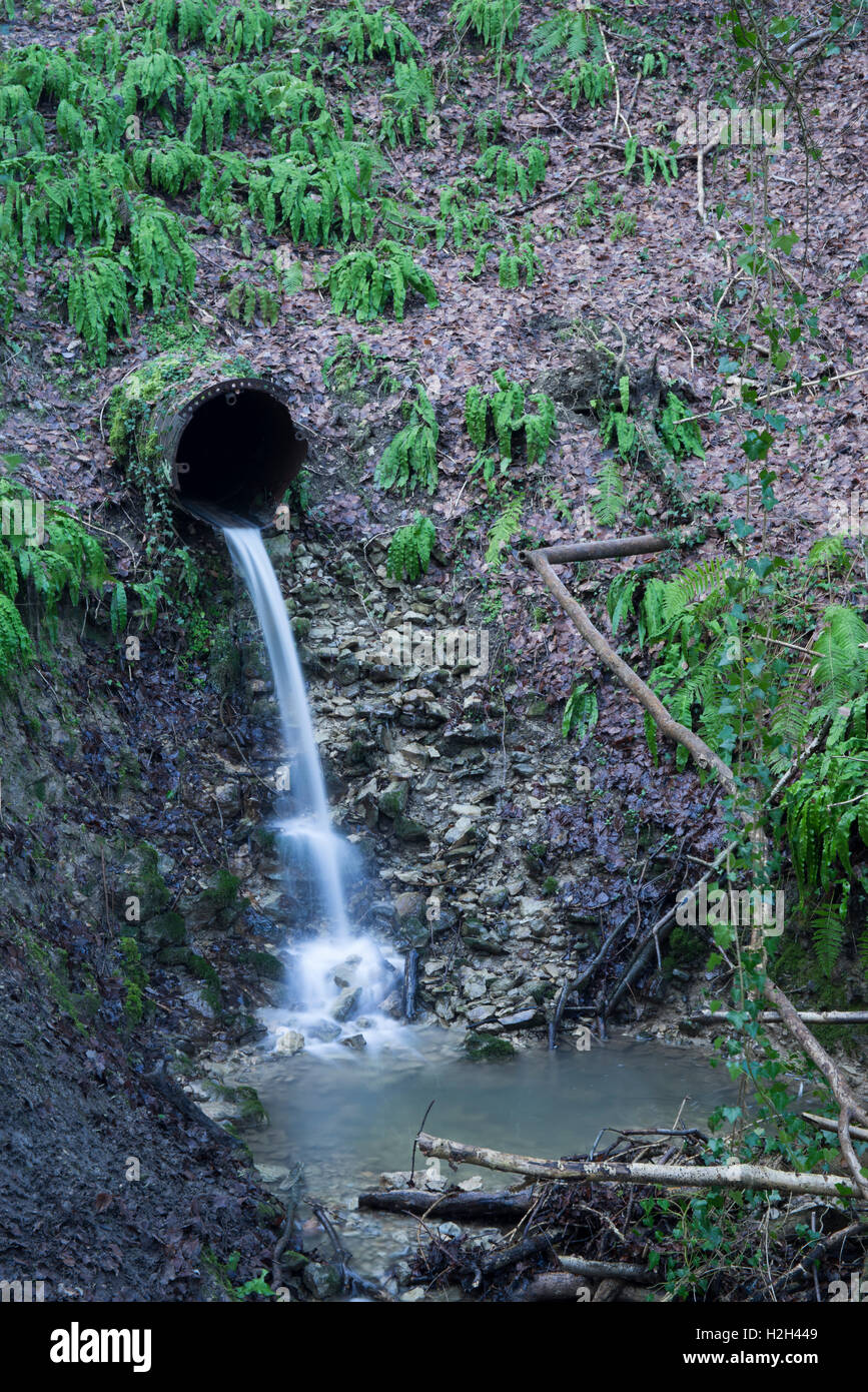 Un ruisseau détourné s'écoulant d'un tuyau à Benthall Woods à côté de la rivière Severn à Ironbridge, Shropshire, Angleterre, Royaume-Uni. Banque D'Images