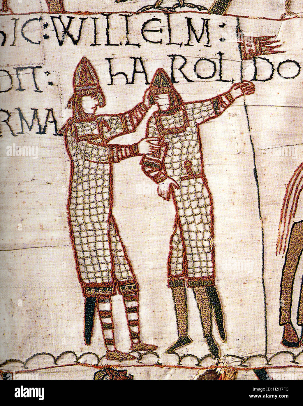 Tapisserie de Bayeux, William fournir des armes à Harold au cours de Harold's voyage au continent en 1064 Banque D'Images