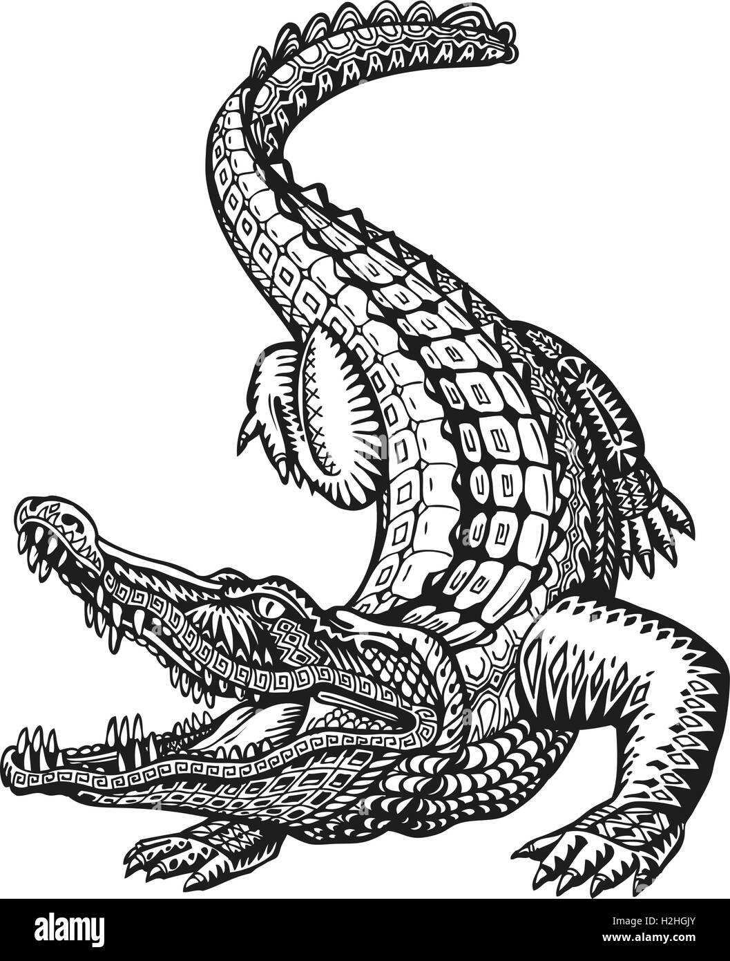 Crocodile. Les profils ethniques dessiné à la main. Alligator, croquis d'animaux. Vector illustration Illustration de Vecteur
