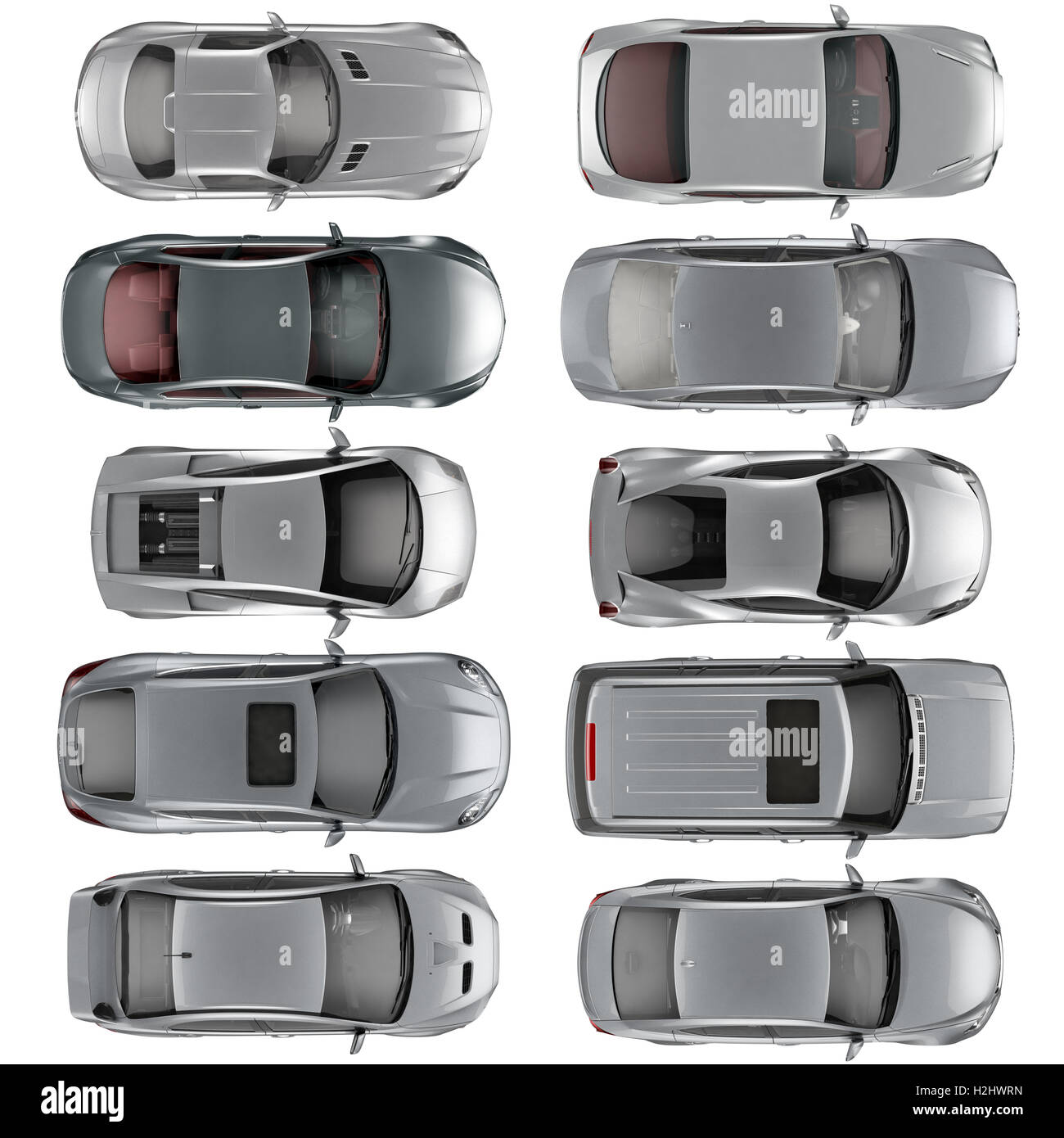 Jeu de voitures Vue de dessus sur fond blanc, 3D illustration Banque D'Images