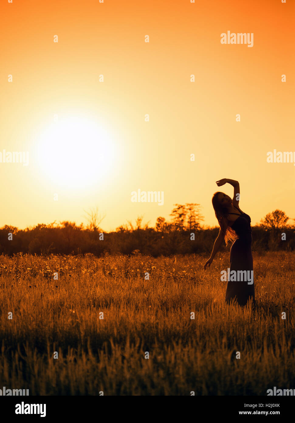 Silhouette de jeune fille en robe de danse contre le Ciel de coucher du soleil Banque D'Images