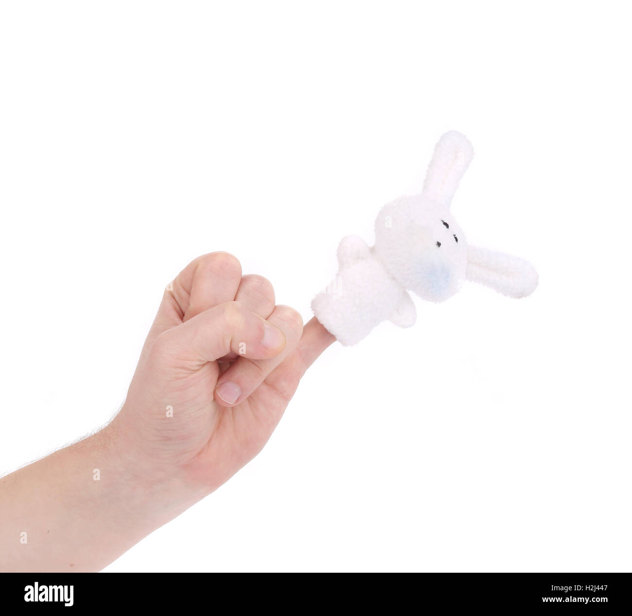 La main et doigts portant des lapin marionnette Banque D'Images
