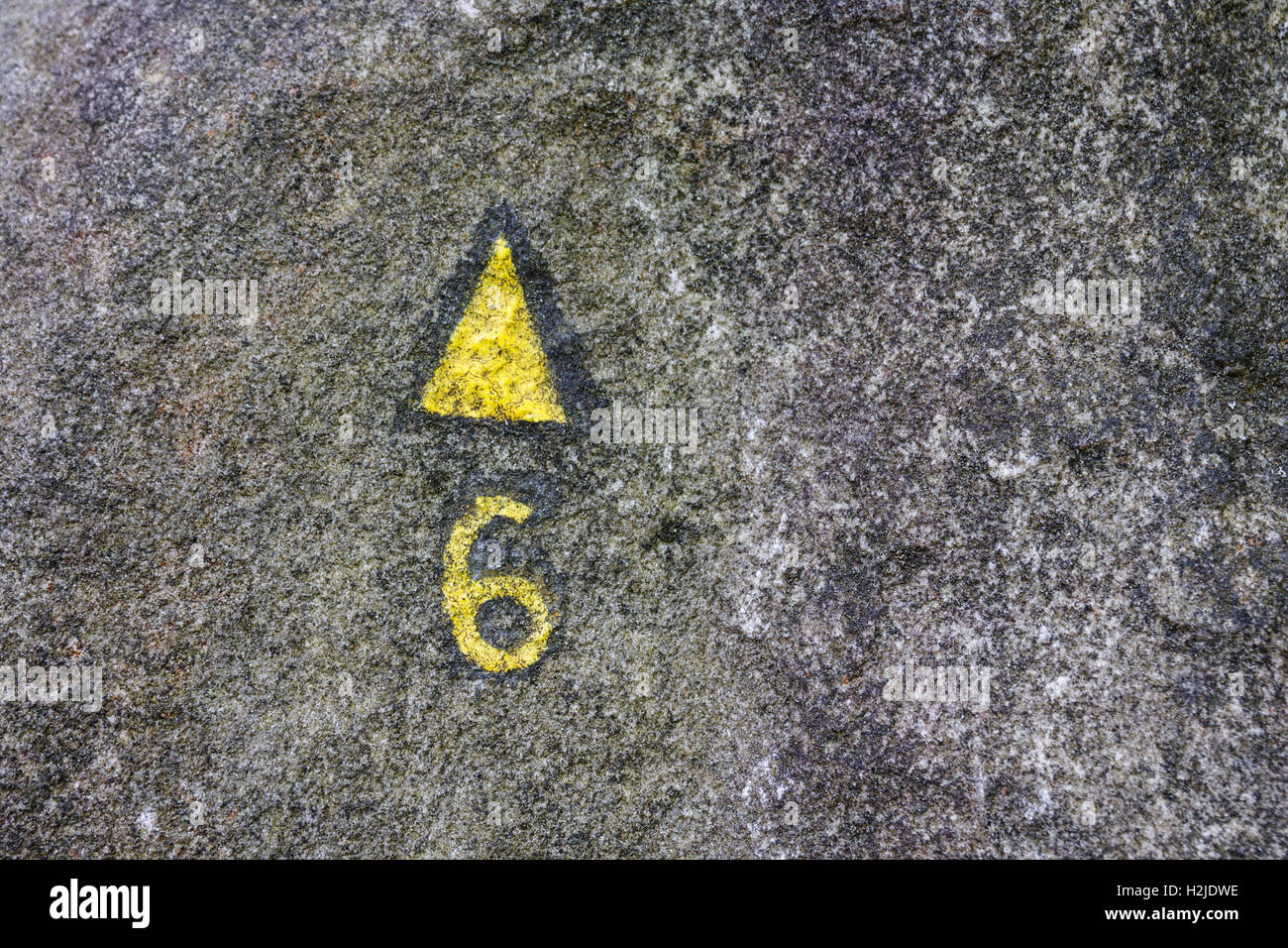 La texture de la roche un rocher dans la forêt de Fontainebleau, avec le jaune, repères peints, indiquant un itinéraire d'escalade Banque D'Images