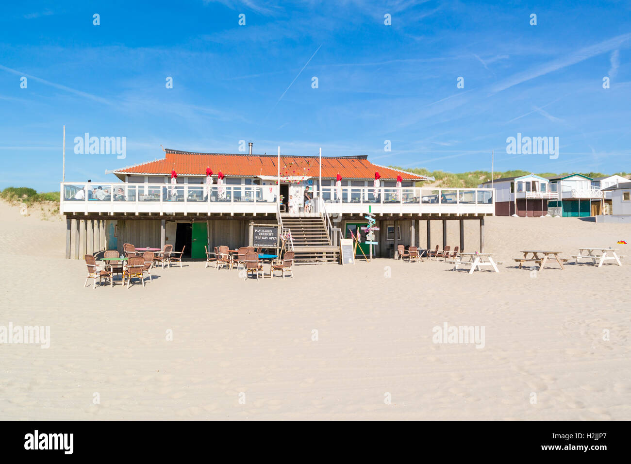 Plage restaurant pavilion à IJmuiden, Hollande du Nord, Pays-Bas Banque D'Images