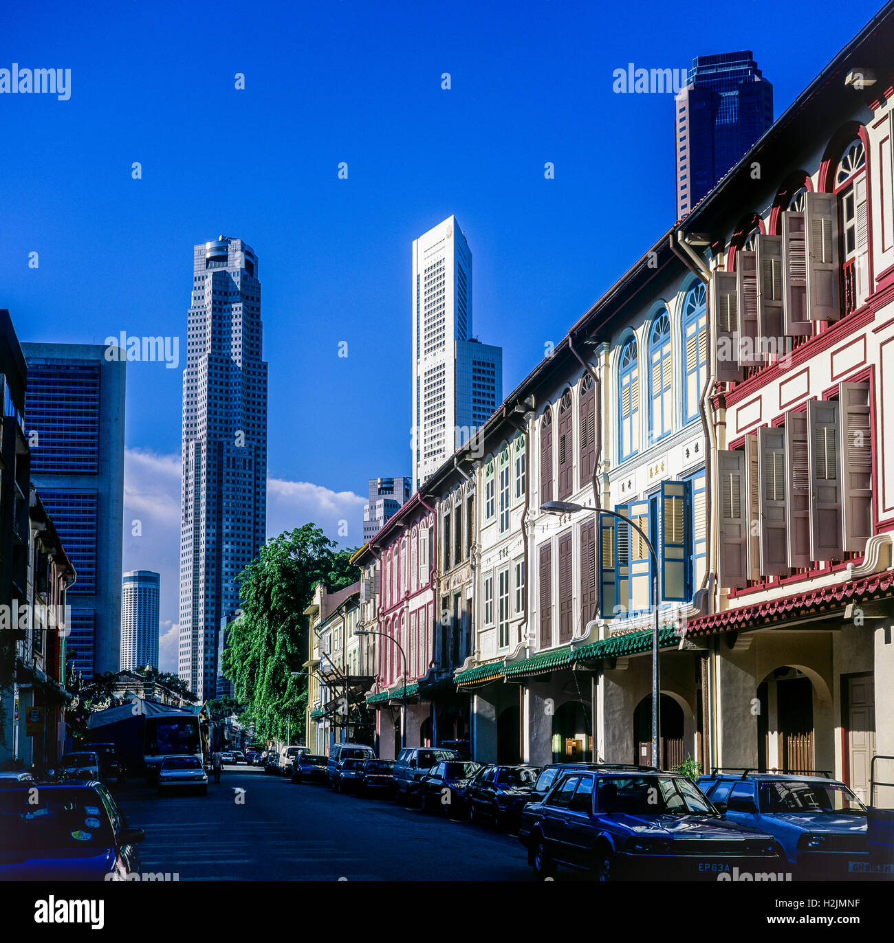 Boutiques de Chinatown et le quartier des affaires, des gratte-ciel, Singapour Banque D'Images