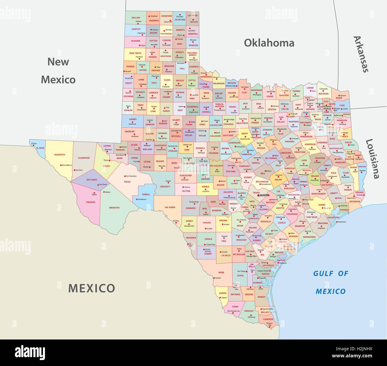 Carte administrative du Texas Illustration de Vecteur