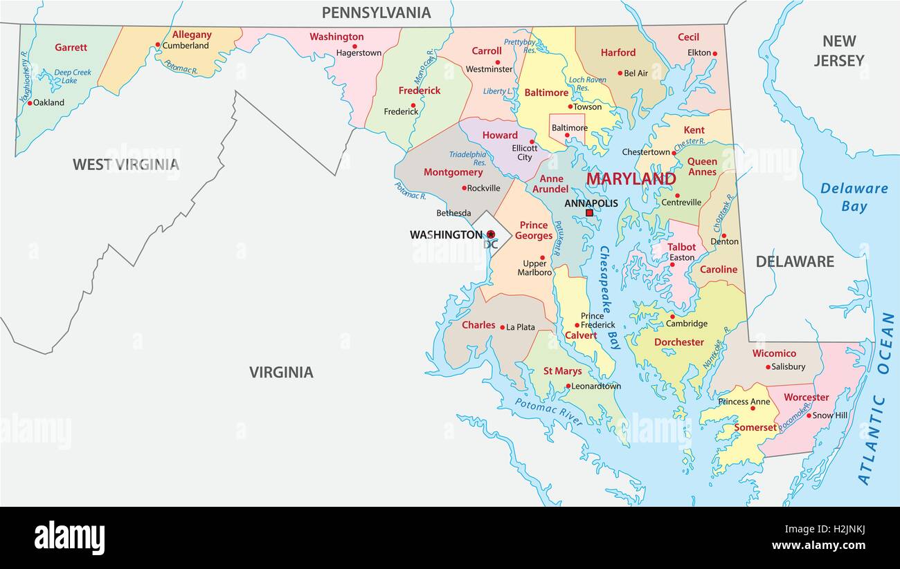 Carte administrative du Maryland Illustration de Vecteur
