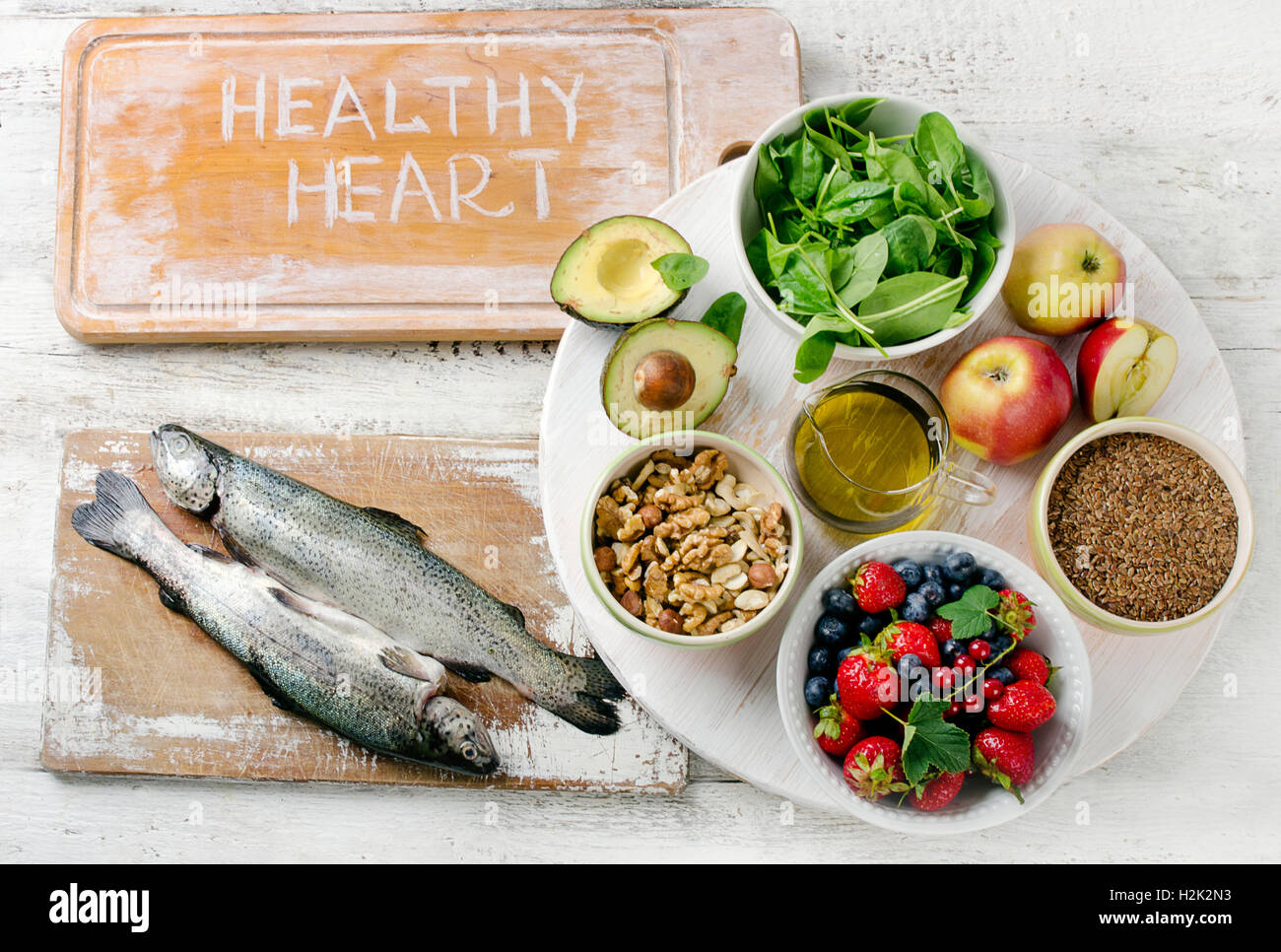 Les meilleurs aliments pour la santé cardiaque. Vue d'en haut Banque D'Images