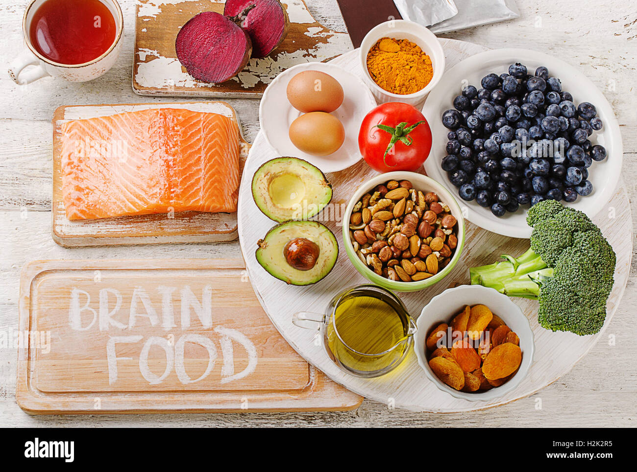 De bons aliments pour le cerveau. Concept de saine alimentation. Vue d'en haut Banque D'Images