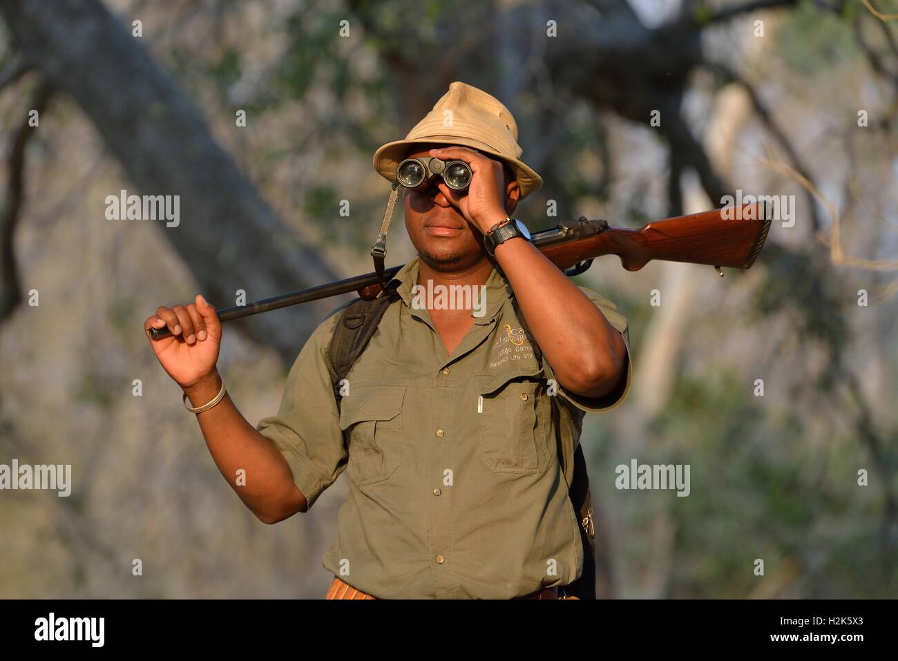 Guide avec des jumelles et un fusil sur un safari à pied, Mana Pools National Park, Zimbabwe, Province Mashonaland Ouest Banque D'Images